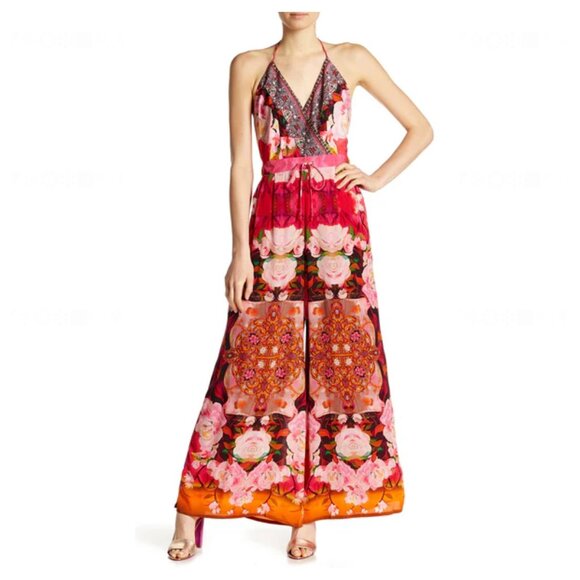 SHAHIDA PARIDES 100% Silk Wide Leg Palazzo Jumpsuit Flamingo